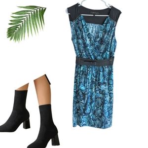 BCBGMaxAzria Size L black blue trash, peplum, shoulder zippers,  belt